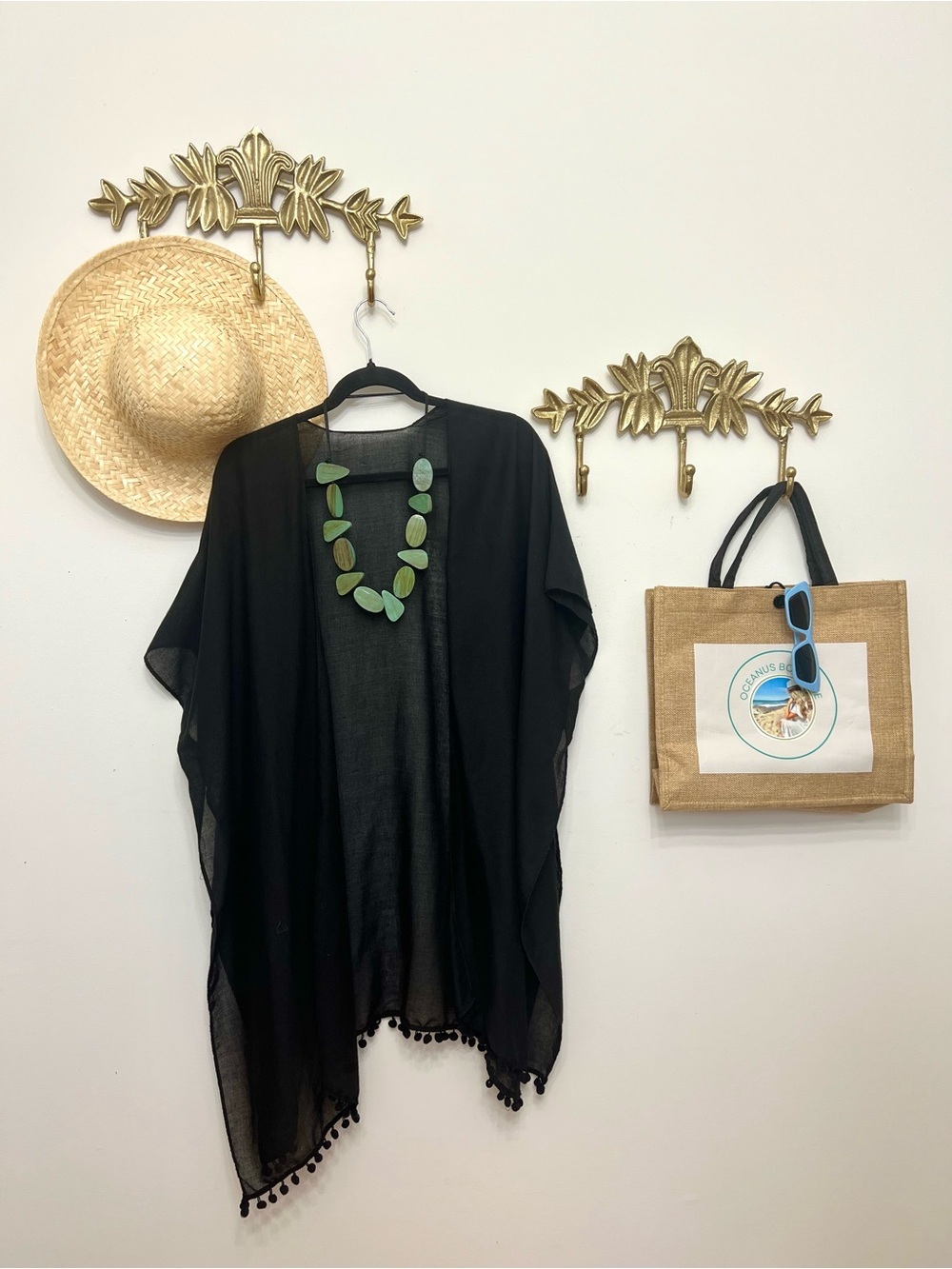 Black Pom-Pom Sheer Kimono or cover up